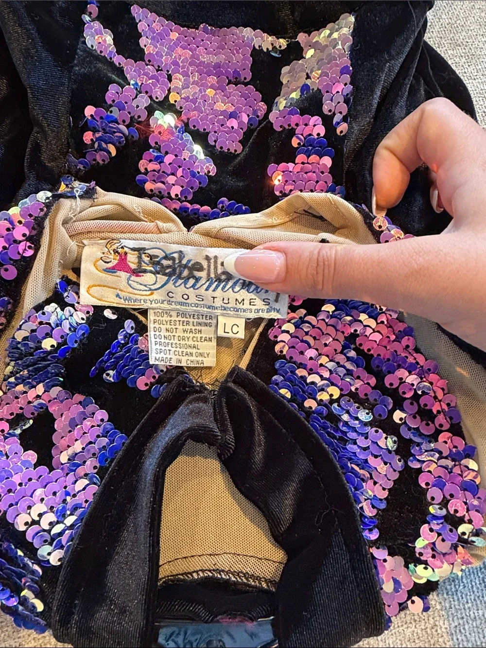 Costume: Girls Black Dance Dress with Iridescent Pink & Purple Sequins